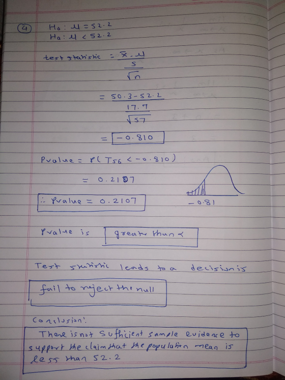 4 Ho: M=52.2 Ha el 52.2 test stanistic لد. ۶ - S こ 50.3-52.2 17.7 37 0.810 Pvalue=P( TSGc-0.810) 0.2187 n i Pralue = 2107 0.8