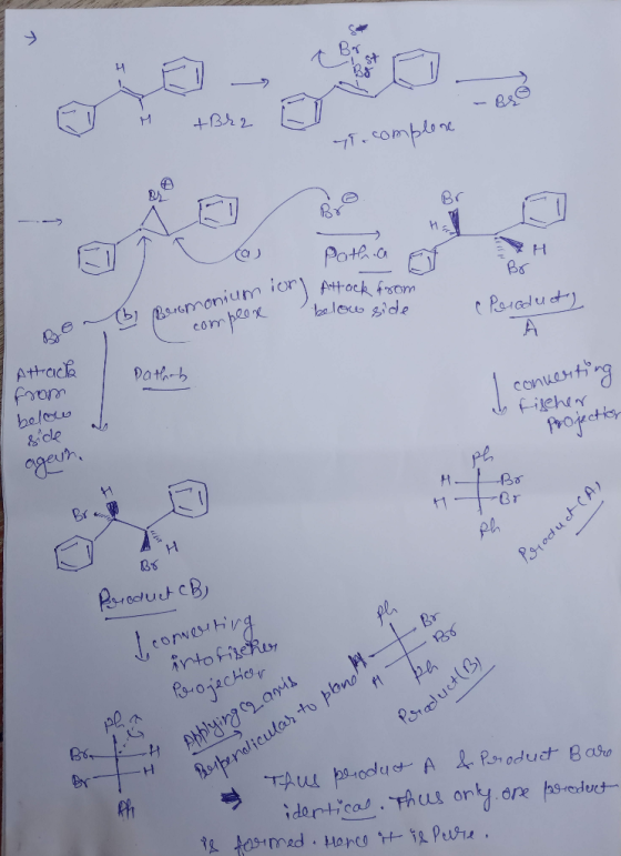 H + Brz yto complene plene Be a pothia Potha I Br Attack from below side e Peroducts Bromonium ion compeone Pathab Attack fr