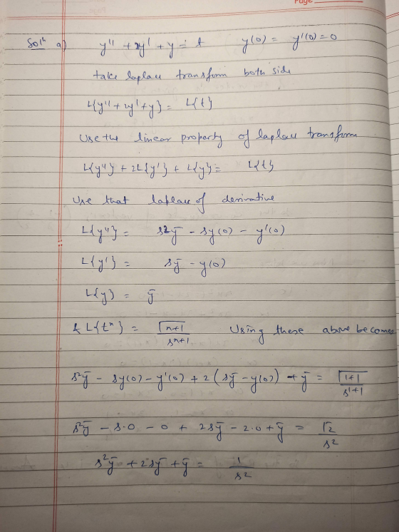 soos Soil y taleyal 7(0) = f(0) = take laplan transfrom both side Use the 49+ 2ylty) Lt linear property Leyly + 22 fyllyt