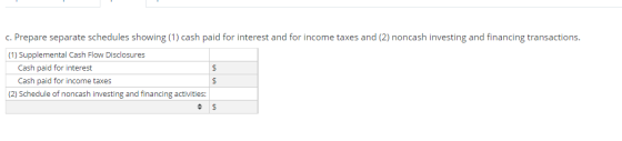 c. Prepare separate schedules showing (1) cash paid for interest and for income taxes and (2) noncash investing and financing