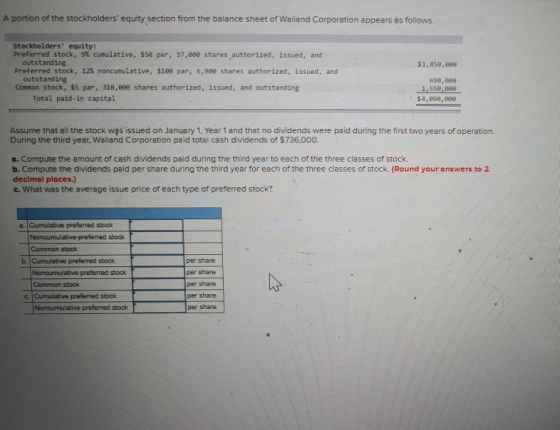 A portion of the stockholders equity section from the balance sheet of Walland Corporation appears as follows. $1,850, eee S