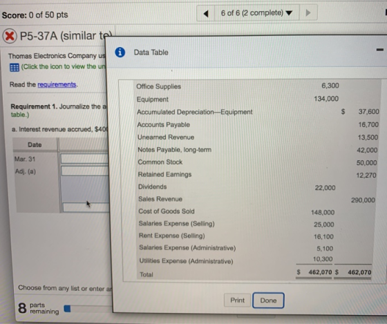6 of 6 (2 complete) Score: 0 of 50 pts X P5-37A (similar tel Data Table Thomas Electronics Company us1 E: (Click the icon to