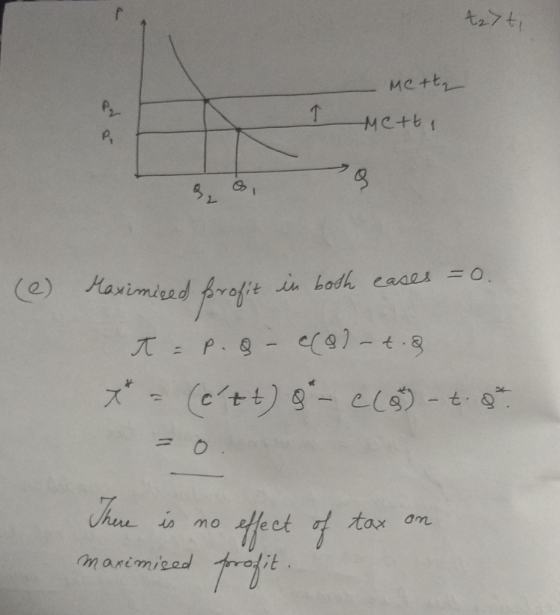 tayt Metta Metti ALA (e) Maximized profit in both eases =o. T = P. 8 - c(8) - t. & x = (ctt) 8 - clot. 8* There is no effec