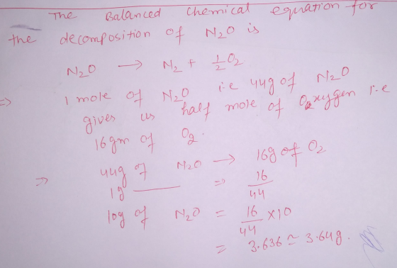 equation for The Balanced decomposition Chemical of N₂O is the NO Imole gives N₂ t 102 of No e uug of N20 us half mole of Ory