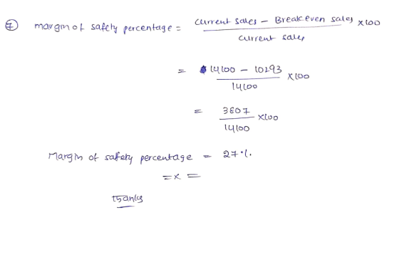 Current Sales - Brealc even saly margin of safety percentages current sales = 14100 - 10293 X100 14100 3807 - Xloo 14100 Marg