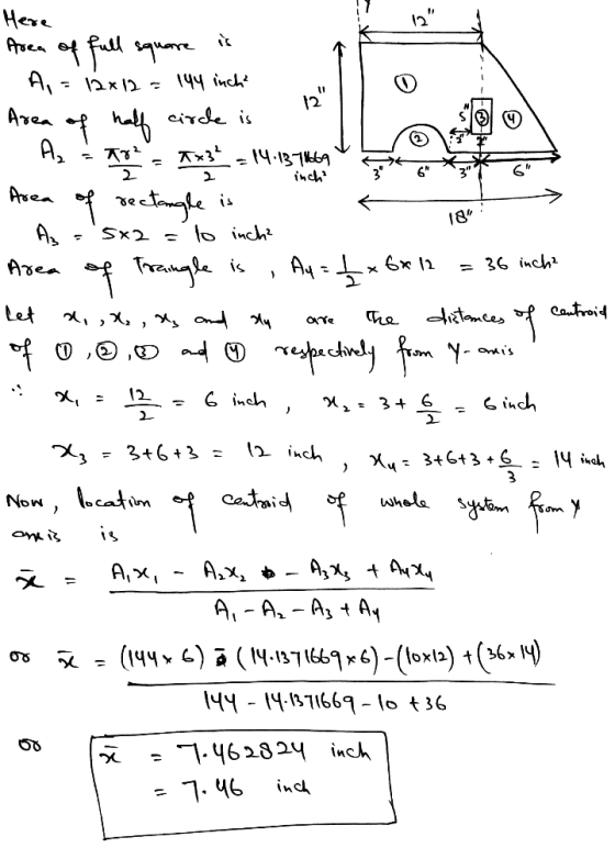Here Area of full square is A, - 12x12 = 144 inchi ar of 12 half circle is TAR - A = are = Tx3² = 14:13 70669 Area of rectan