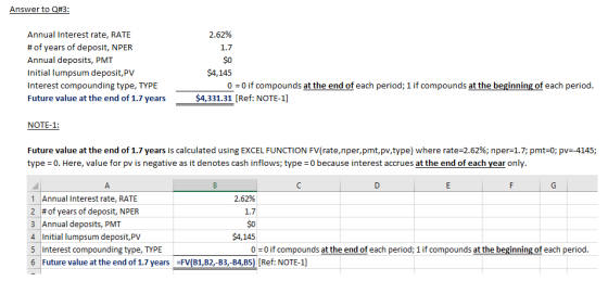 Answer to Q#3: Annual Interest rate, RATE # of years of deposit, NPER Annual deposits, PMT Initial lumpsum deposit,PV Interes