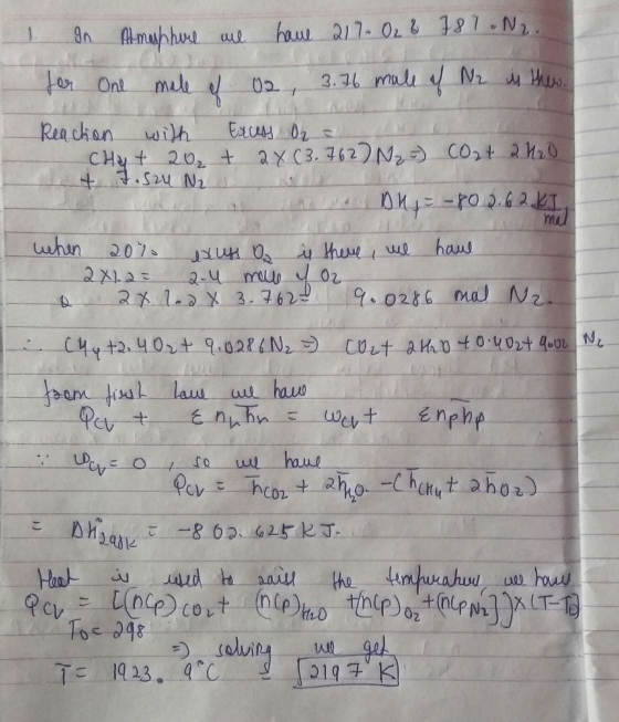 1 In Almuphure we have 217. O2 & 787 •N2. for One male ef 02 3.76 male of Nr is theo. Reaction with Excess Ora Chyt 20₂ + 2x