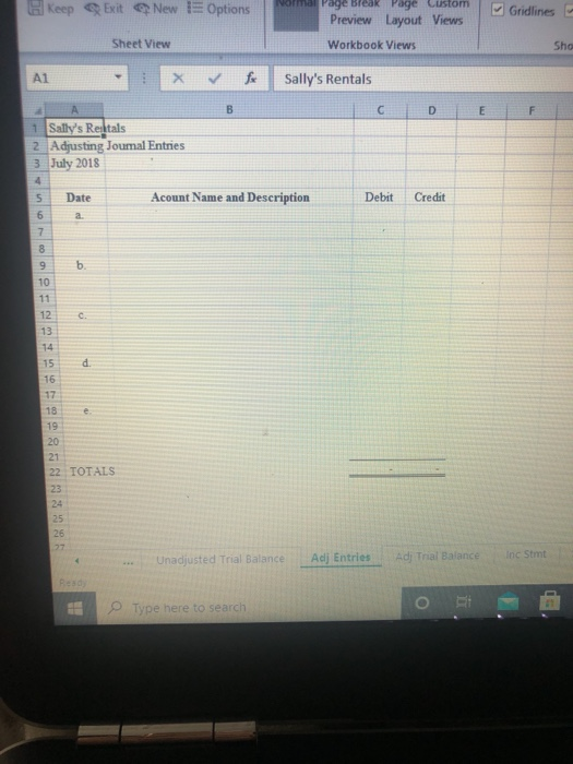 Keep Exit New Options Gridlines vorm Page break Page CUS Preview Layout Views Workbook Views Sheet View Sho Al fx Sallys Ren
