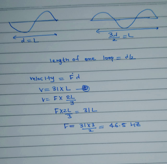 d=L - 31-L length of one loop = d2 Velocity = id V= 31XL V= FX FX2L = 31L F= 31X3 = 46.5 HZ