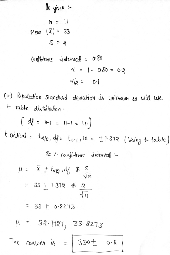 As given ? n = 11 Mean (T) = 33 Ssa Confidence internal = 0.80 g 2 1 - 0 80 0 80 = 0.2 こ 1/2 0.1 (o) Population Standard devi