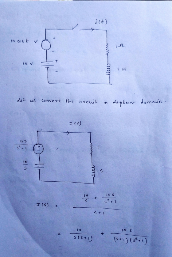 ict) 10 cost v 12 10 V elw 1 H Let us convert the circuit in Leplace domain. I (S) los $21 lo S S 10 S al s² + 1 T (5) 2 St I