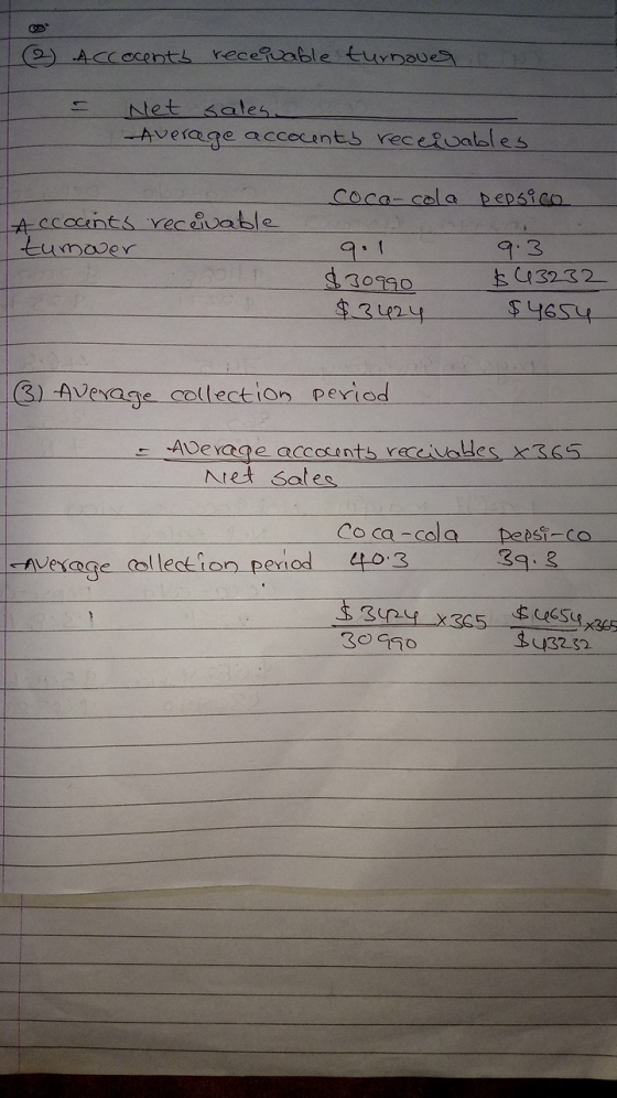 e Accounts receivable turnover - 2 Net sales. - Average accounts receivables Coca-cola pepsico Accocents receivable tumover g