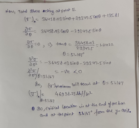 Now, Total stress acting at point E (T), 36458.03 gino +39347.5680 +135,81 or 36458.03 Cos O 29347.5.3ino 26-0, ) tomo - 3645