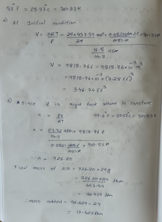 835 = 28.33 c = 301-33k a) AE Initial conditions no V= nRT = 29x453.59 motx 0.082/afm.Li( x 301.334 29 Molok 16.8 am 14-7 V =