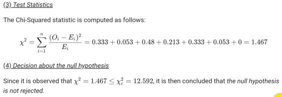 (3) Test Statistics The Chi-Squared statistic is computed as follows: n x (O; – E;) = Σ = = 0.333 + 0.053 + 0.48 +0.213 + 0.3