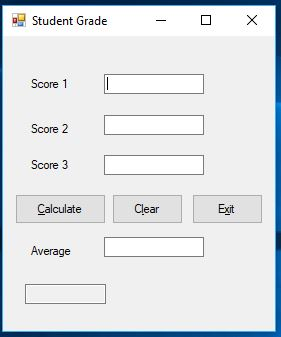 Student Grade Score 1 Score 2 Score 3 Calculate Exit Clear Average