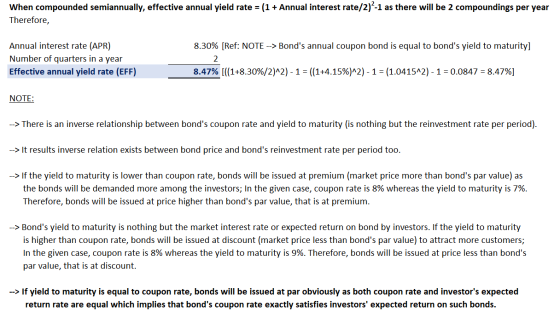 When compounded semiannually, effective annual yield rate = (1 + Annual interest rate/2)^-1 as there will be 2 compoundings p