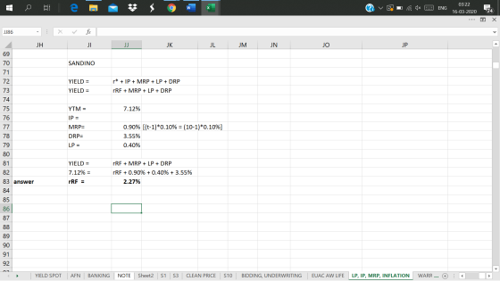 W @ E C Ax 3 ENG, 03:22 16-03-2020 ... o X JJ86 JH л J JK JL M N 69 70 SANDINO 71 72 YIELD = YIELD = r* + IP + MRP + LP + DRP
