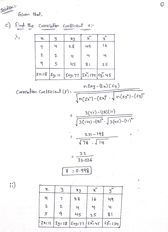 Solution - Given that, Find the correlation coefficient or c.) 24 2 Tu no sis 45 25 7 | u | 28 | 49 | 16 2 2 4 4 4 181 {x=18