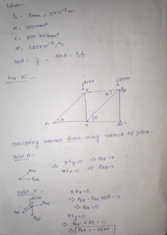 biven- So = 5mm = 5x10-3 m A = 500mm 200 kN/mma 1.25x10-5/06 sino = 3/5 5 For Pi 20 KN 20KN D Tore 10 Ayo Ac B calculating me