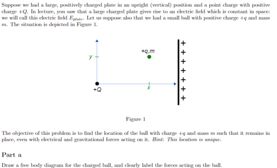 Suppose we had a large, positively charged plate in an upright (vertical) position and a point charge with positive charge +Q. In lecture, you saw that a large charged plate gives rise to an electric field which is constant in space: we will call this electric field Eplate. Let us suppose also that we had a s bl with positive charge +q and mass m. The situation is depicted in Figure 1. +q,m +Q Figure 1 The objective of this problem is to find the location of the ball with charge +q and mass n such that it remains in place, even with electrical and gravitational forces acting Hint: This location is unique Part a Draw a free body diagran for the charged bal and clearly label the forces acting on the ball.