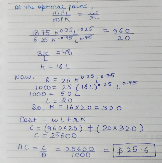 At the oftmal point, MPL - W MPK 18.75 +0.25 -0.25 6.25 K -0.75, 0.75 = 96 20 34 =48 Nowi o = 25 Kº k=16L 0=25 x 6.25, 0.75 1
