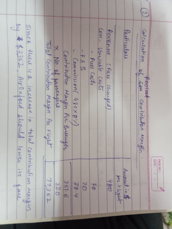 PAGE NO.: DATE: 1 (2) Calculation Revised con of contribution Mougin Particulars Amount in $ per Flight 480 70 20 38.4 Revenu