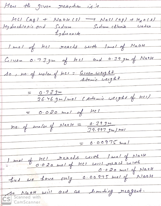 Here the given reaction is it Mcl Caql + Hydrochloric and - Nooh (s) Sodium hgdhooxite Nocl cagl & hocel Sodium chlorite wate