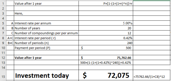 Value after 1year 2 Here, 4 5 A 6 B Number of years 7| C|Number of compoundingsperper annum 8 A+C Interest rate per period (r