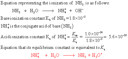 Equation representing the ionization of NH, is as follows: NH3 + H2O - NH + OH- Baseionization constant K, of NH2 =1.8x10-5 N