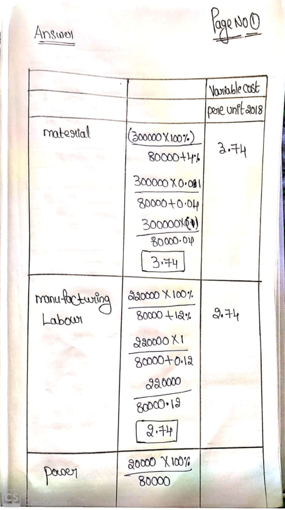 Answer age No Variable cost pere unft 2018 material (300000X100%) 80000+4% 2.74 300000 XO OBI 80000+0.06 300000X60) 80000.04
