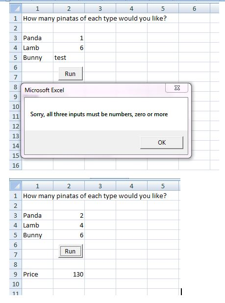 2 1 How many pinatas of each type would you like? 3 Panda 4 Lamb 5 Bunny test 6 Run Microsoft Excel 10 11 Sorry, al three inp