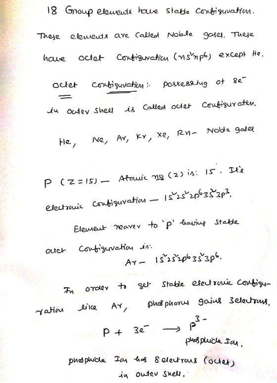 18 Group eleweute howe stable configuvatim. These elements are called Noble gases. These have octet configuraticu (nsumpo) ex