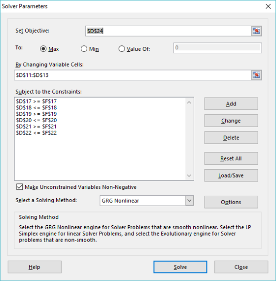 Solver Parameters SDS24 Set Objective To: ⓔMax OMin。Value Of: By Changing aiable Cells: SDS11:SDS13 Subject to the Constraints: Add SD$18 <= SFS18 SD$19 >= SFS19 SDS20SFS20 SDS21SFS21 SD$22 <= SFS22 Change Delete Reset All Load/Save Make Unconstrained Variables Non-Negative Selt a Solving Method: GRG Nonlinear Options Solving Method Select the GRG Nonlinear engine for Solver Problems that are smooth nonlinear. Select the LP Simplex engine for linear Solver Problems, and select the Evolutionary engine for Solver problems that are non-smooth. Help Solve Close