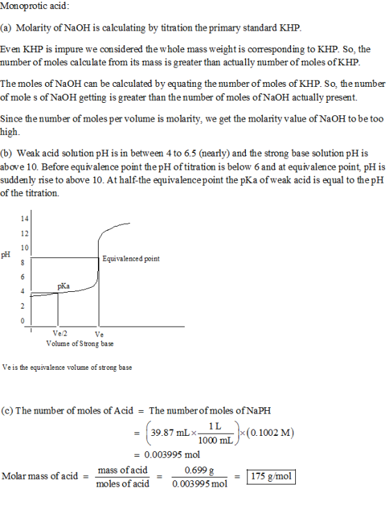 Monoprotic acid (a) Molarity of NaOH is calculating by titration the primary standard KHP Even KHP is impure we considered th