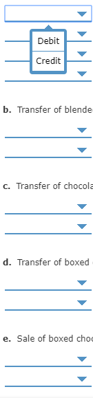 Debit Credit b. Transfer of blende C. Transfer of chocola d. Transfer of boxed e. Sale of boxed choc