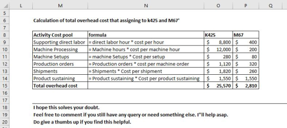 L M N o P Q 5 5 6 Calculation of total overhead cost that assigning to k425 and M67 7 8 9 10 11 Activity Cost pool formula K
