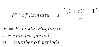 [(1+r) -1 FV of Annuity = P P= Periodic Payment r=rate per period n = number of periods