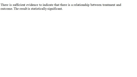 There is sufficient evidence to indicate that there is a relationship between treatment and outcome. The result is statistica