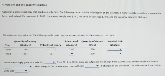 4. Velocity and the quantity equation Consider a simple economy that produces only pies. The following table contains informa
