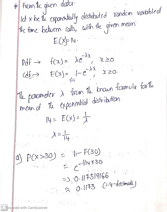 * From B given data let x be the exponentially distibuted random vortablect the time between calls, with the given mean E(X)=