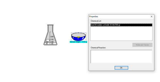 Properties Chemical List: lead (W) iodide -u (Solid) (5.043780 g) -200 150 650-100 ml L 50 Sample Weight: 5.044 g Molecule Vi