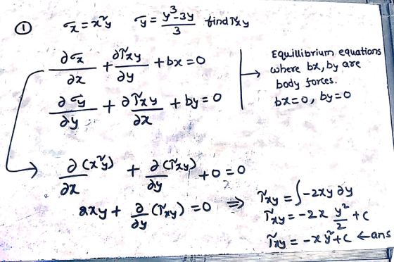 o quas gayon ay tind My ul die E Equilibrium equations where bye, by age body forces. da © 2023 + 2a4050 axy+ a crow = = Tay