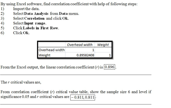By using Excel software, find correlation coefficient with help of following steps: 1) Import the data. 2) Select Data Analys