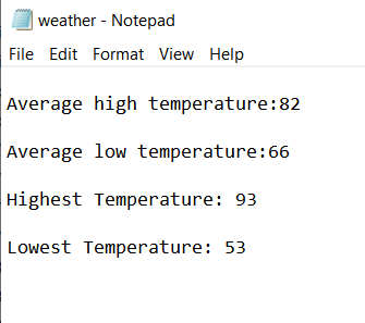 weather - Notepad File Edit Format View Help Average high temperature: 82 Average low temperature: 66 Highest Temperature: 93