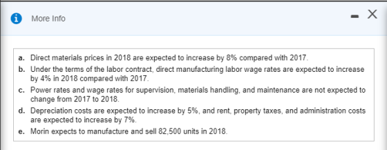 More Info a. Direct materials prices in 2018 are expected to increase by 8% compared with 2017. b. Under the terms of the lab