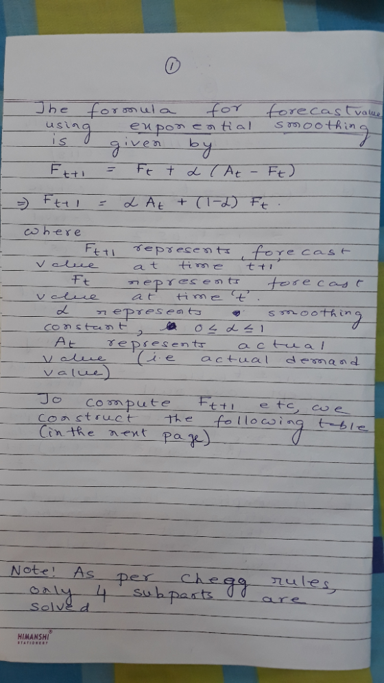 The foron ela for forecast value using enponential smoothing - - I given by Etti = Ft + 2 (At - Ft) Ftel = 2 At + (1-2) Ft wh