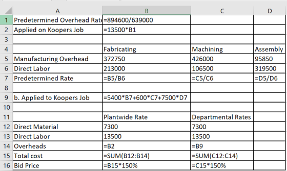 C D 1 Predetermined Overhead Rate=894600/639000 2 Applied on Koopers Job 1=13500*B1 0 + Fabricating 372750 213000 =B5/B6 Mach