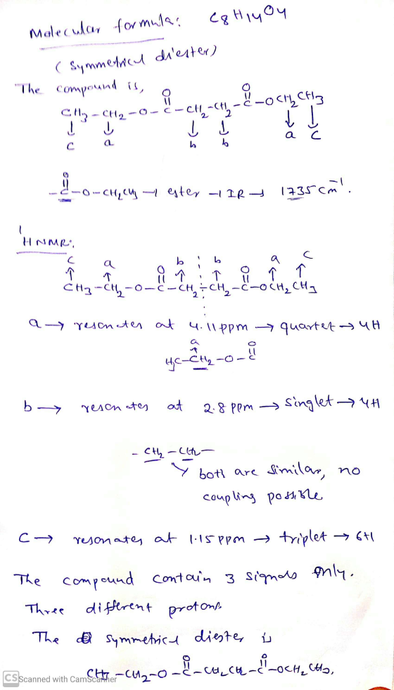 Molecular formula. Cq Hiyou (Symmetrical diester) OU c-O-CH₂ Chester IRS 1735cm. HNMR - - om bericho =0 - - C --Co-o-C- -ċ-OC